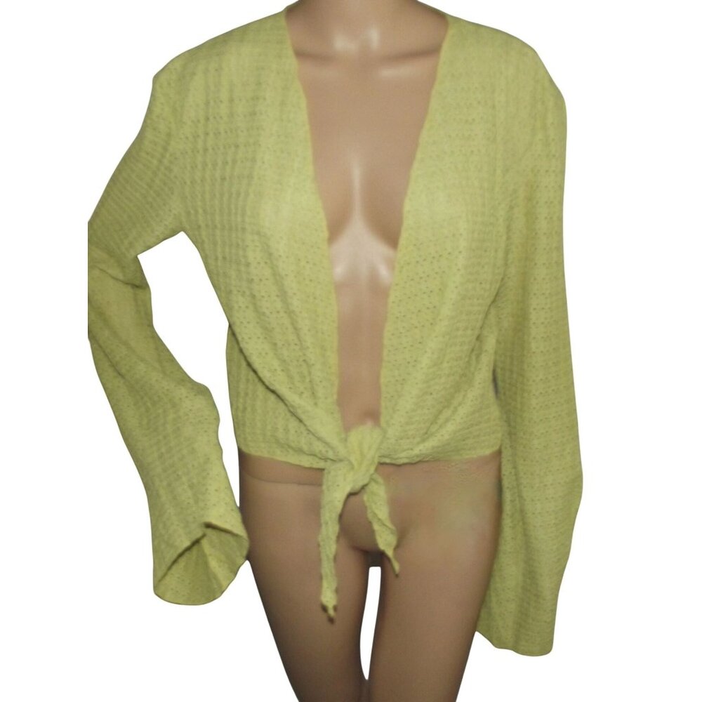 PrettyLittleThing Cardigan Womens 10 Yellow Green Textured Bell Sleeve Tie